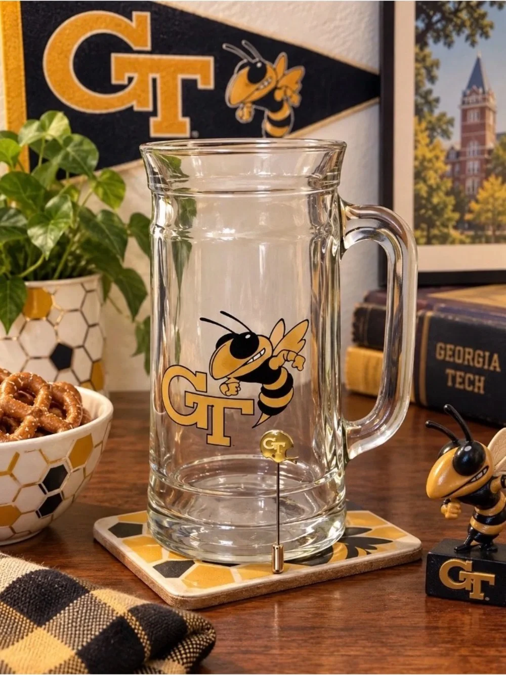 Vintage Georgia Tech Yellow Jackets Glass Beer Mug + Enamel Stick Pin